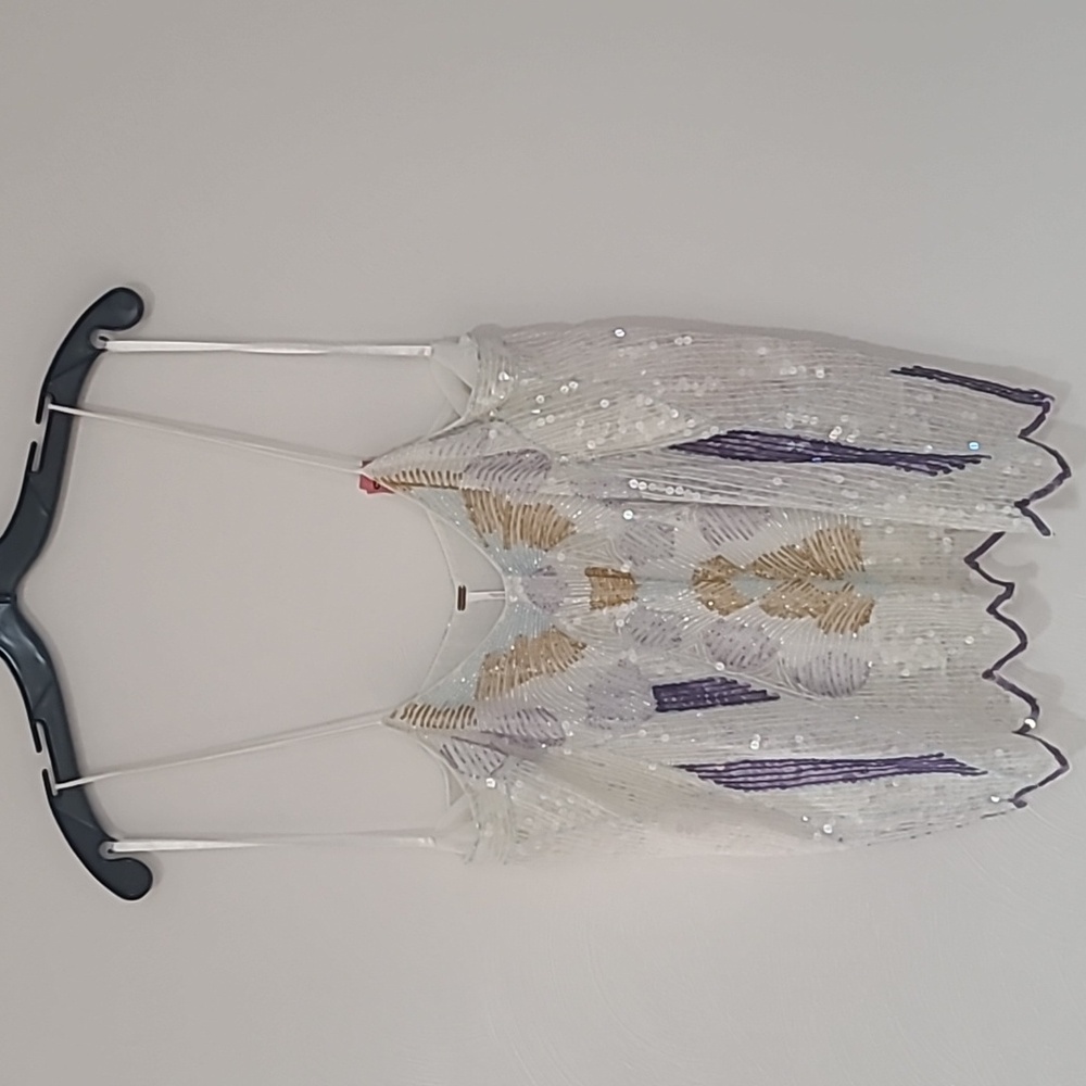 Free People White Sequin Beaded Tank Top with Lavender and Gold Accents - Picture 2 of 4